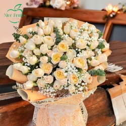 Bó Hoa Hồng Kem Vàng Phối Bi Trắng